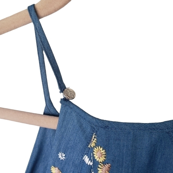 Cece Chambray Denim Sunflower Embroidery Spaghetti Straps Dress - Picture 7 of 9